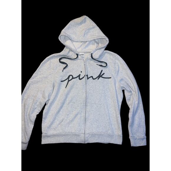 Victoria Secret PINK full zip up hoodie grey w/ black script logo sz large - Picture 1 of 2